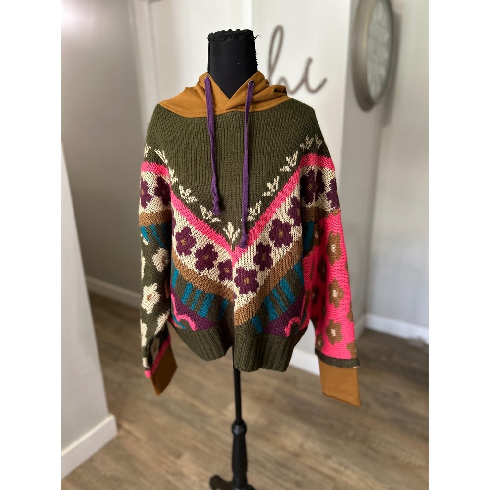 Natural Life Boho Fair Isle Knit Hoodie Sweater Olive Pink Floral L/XL New